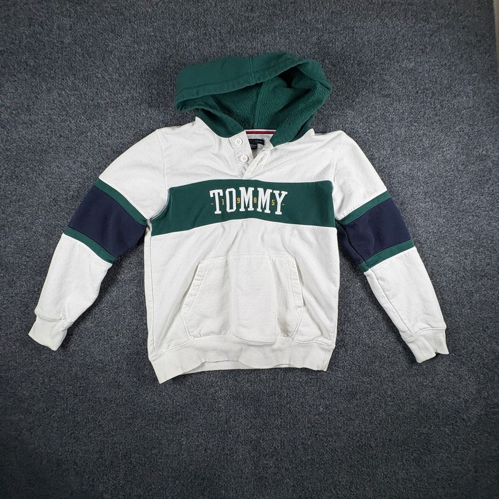 Tommy Hilfiger Knockout Henley Hoodie Boys Medium 10/12 White Green Fleece Lined